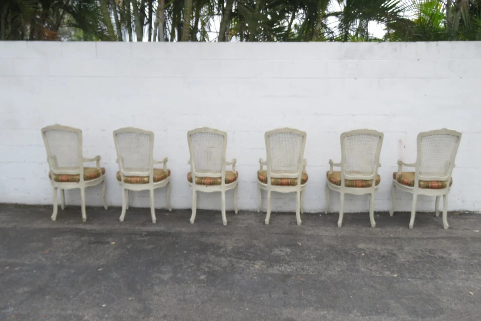Juego de seis sillas de comedor francesas Shabby Chic talladas pintadas en caña 5818 Foto 4 de 4