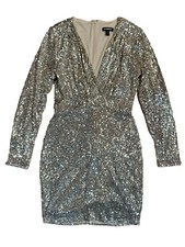 Express Silver Sequin Long Sleeve Short Small Cocktail Party Formal Dress womans