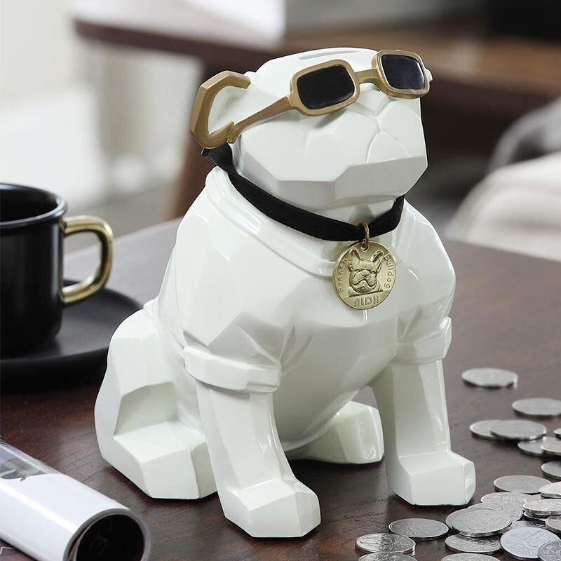 Bulldog Piggy Bank Figurine with Removable Collar, Modern Art, 4.7