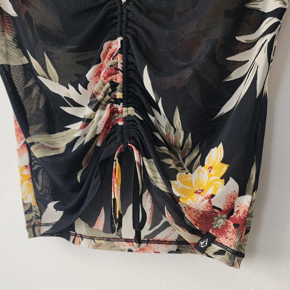 Volcom XS Tropical Floral Black Mesh Ruched V-Neck Crop Top Summer Boho Beachy - Image 3 of 4