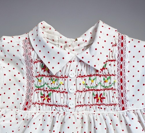 Vintage POLLY FLINDERS Hand-Smocked Girl Dress 24 Mo Red White Polka Dot Party - Picture 2 of 7