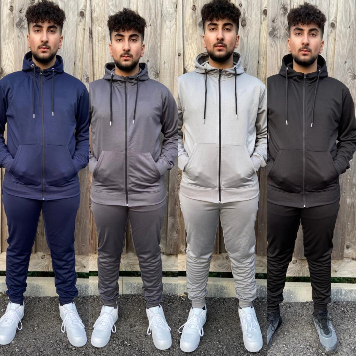 New Men Polyester Running Tracksuit Set Mens Zip Hooded Poly Suit Jogger Bottom