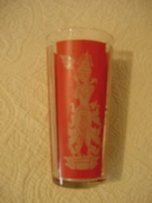 MID CENTURY GLASSWARE, GOLD ORIENTAL ASIAN DANCER and RED BACKGROUND