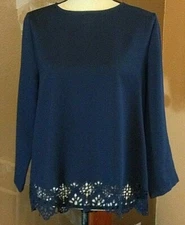 Adrienne Vittadini Navy Blue Classic Career Cut out hem long sleeve Blouse  