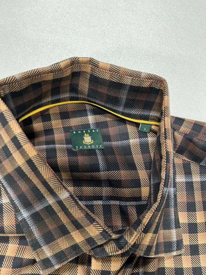 Camisa de vestir larga Robert Talbott para hombre grande marrón gris negra a cuadros con botones delanteros Foto 3 de 4