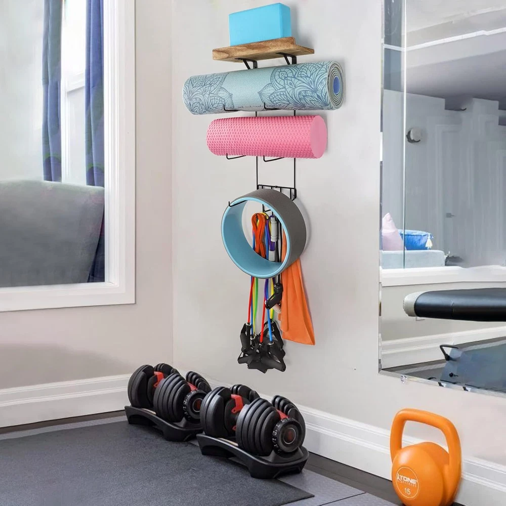 Yoga Mat Holder Wall Mount Yoga Mat Storage Home Gym Accessories with Wood Float