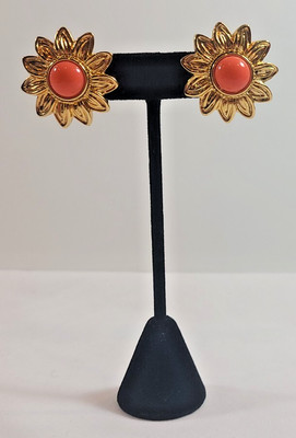Vintage JOAN RIVERS Gold Tone Sunflower Jackets Faux Coral Center Earrings