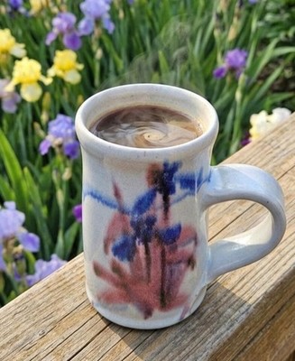 Watercolor Iris Purple and Punk Handmade Studio Pottery Mug Vintage 1990
