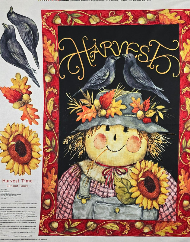 Harvest Time Fabric Panel Cute Scarecrow Sunflowers Quilt Shop Quality 36" x 44"