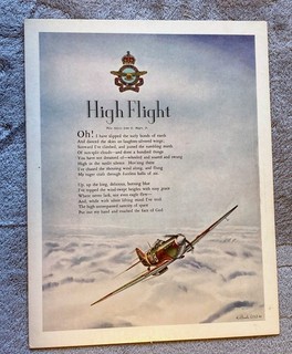 WW II RCAF HIGH FLIGHT JOHN G. MAGEE POEM H.H. BOOTH PAINTING MOUNTED