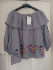 Zara Ladies Small Blue and White Gingham Bardot Top with Embroidery