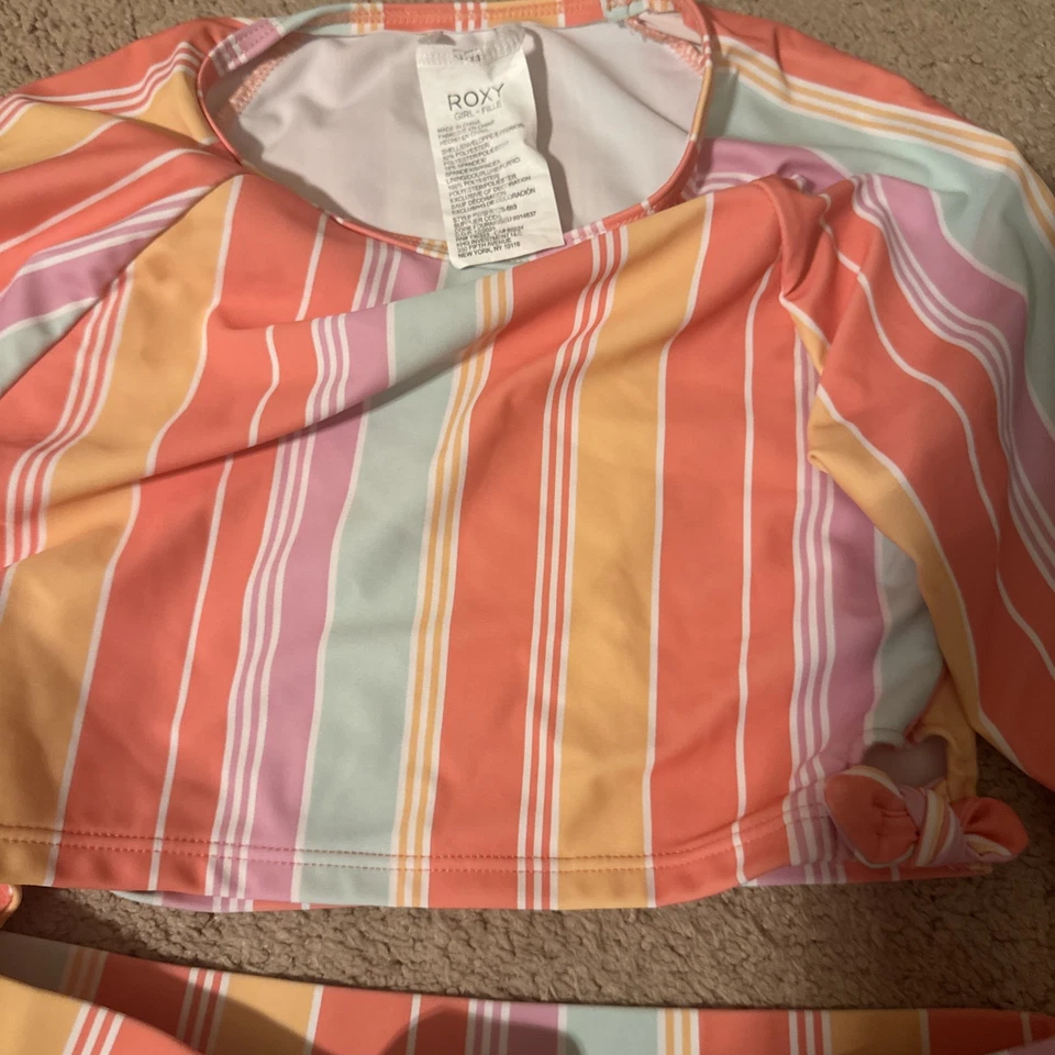 Roxy  Girl's 12  L/S Crop Bikini Bottom 2 Pc Rash Guard Tankini Swimsuit Stripe - Image 4 of 4