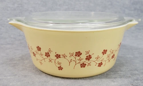 Vintage PYREX 475-B 2.5 Qt Trailing Flowers Tan Casserole Dish w/Lid 475-C14