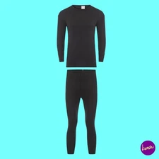 HEATWAVE Unisex Teen Thermal Top & Trouser Set, Cotton Blend, Black, UK 12/13Y