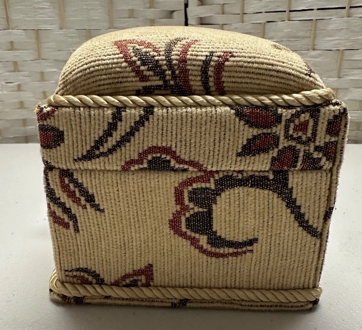 Vintage Rectangle Fabric Covered  Sewing Trinket Box Tapestry Lid and Tassel