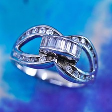 Size 7.25, vintage Sterling 925 silver engagement ring with cluster Cz around