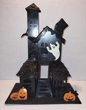 Halloween Black Metal Haunted House w Pumpkins Tea Light Candle Holder