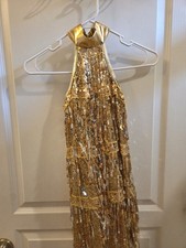 Weissman Girls Gold Sequin Fringe Halter Dance Costume Dress w/Leotard MC