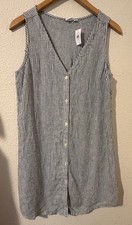 NEW Gap Blue Stripe Button Front V-Neck Dress Sleeveless Lightweight Linen Blend