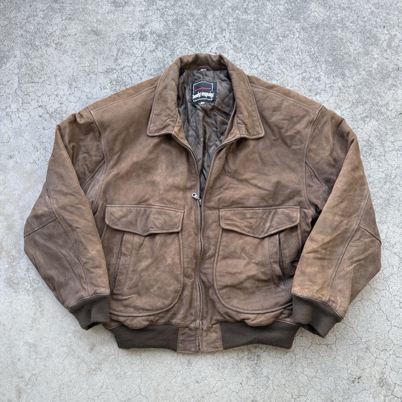 Vintage Body Equip Genuine Leather Brown Bomber Jacket Size 
