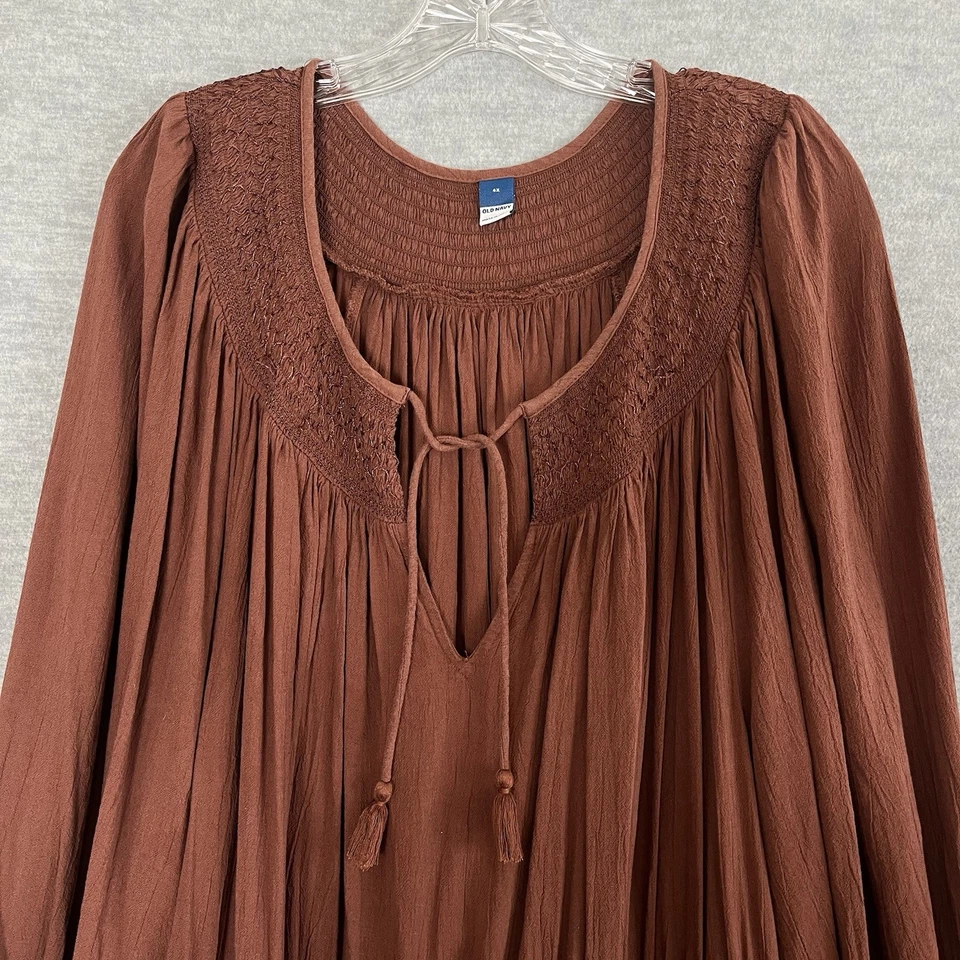 Old Navy Tiered Dress Plus Size 4X Brown Smocked Crinkle Gauze Boho Peasant Midi - Image 3 of 4