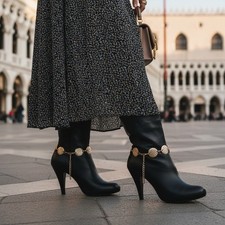 Women Fashion Boot Anklet Gold Metal Chain Round Textured Circle Shoe Charm SET