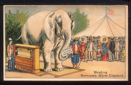 1880 Fairbanks Standard Scales WEIGHING BARNUMS WHITE ELEPHANT Trade Card CIRCUS