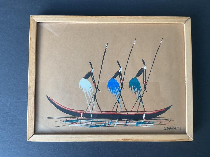 Signed African Warrior  Canoe Scene Gouache Painting by Japhet READ !