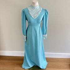 Vtg 70s Prairie Maxi Powder Blue Dress Lace High Neck Puff Sleeve Prairie XS/S