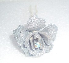 Hair fork with rose,silver glittered petals, rhinestones center