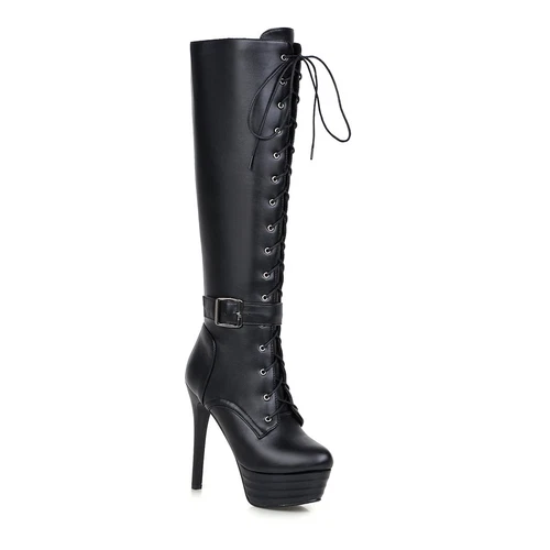 women Synthetic Leather High Heels Zipper Lace Up Shoes Knee Boots UK Size - Bild 8 von 43