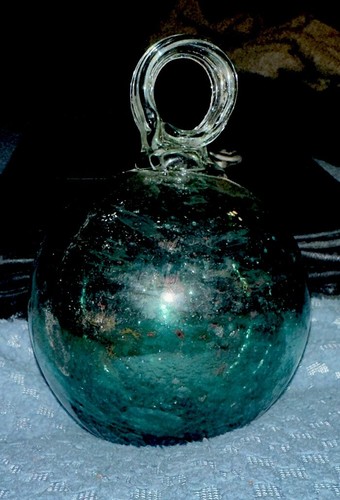 Hand Blown Glass Ornament/ Glass Art Deco Has Sparkly Green Tint & Brown Specks - Picture 2 of 5