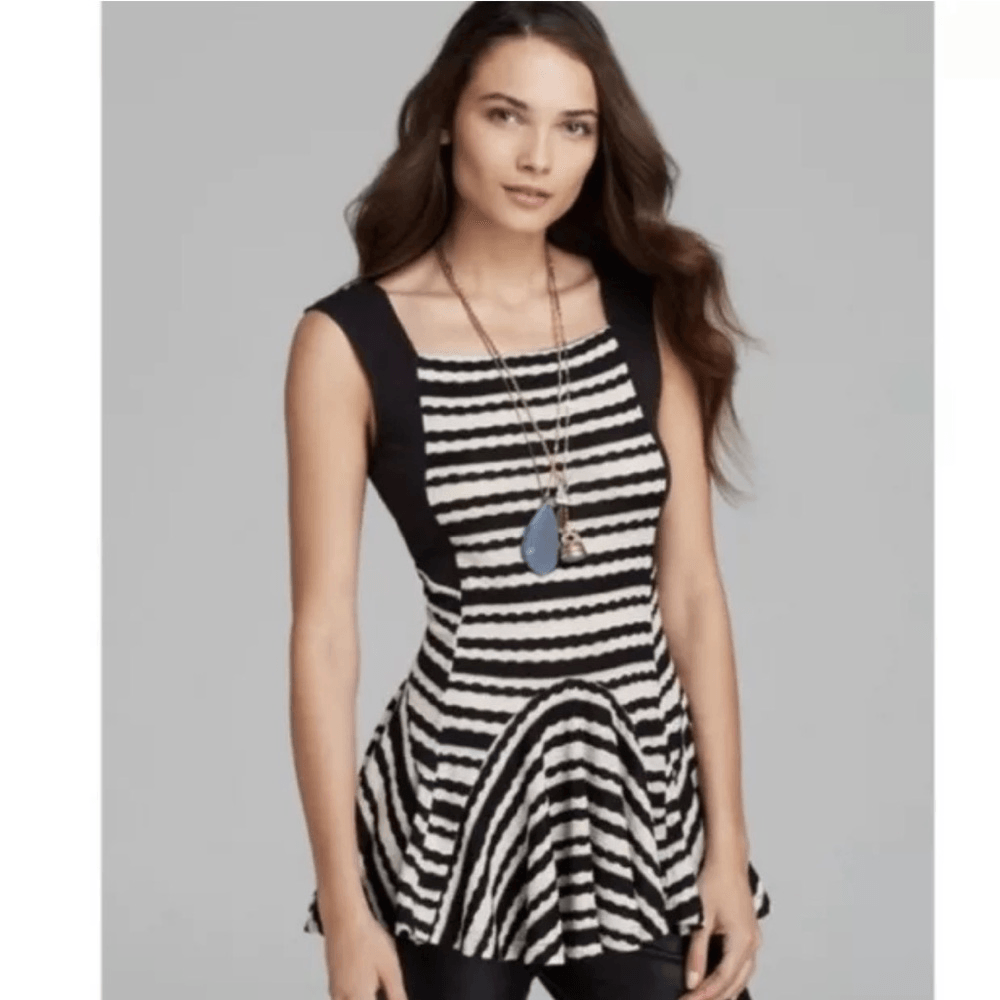 Free People Black & White Striped Sleeveless Sedwick Peplum Top Women's Large