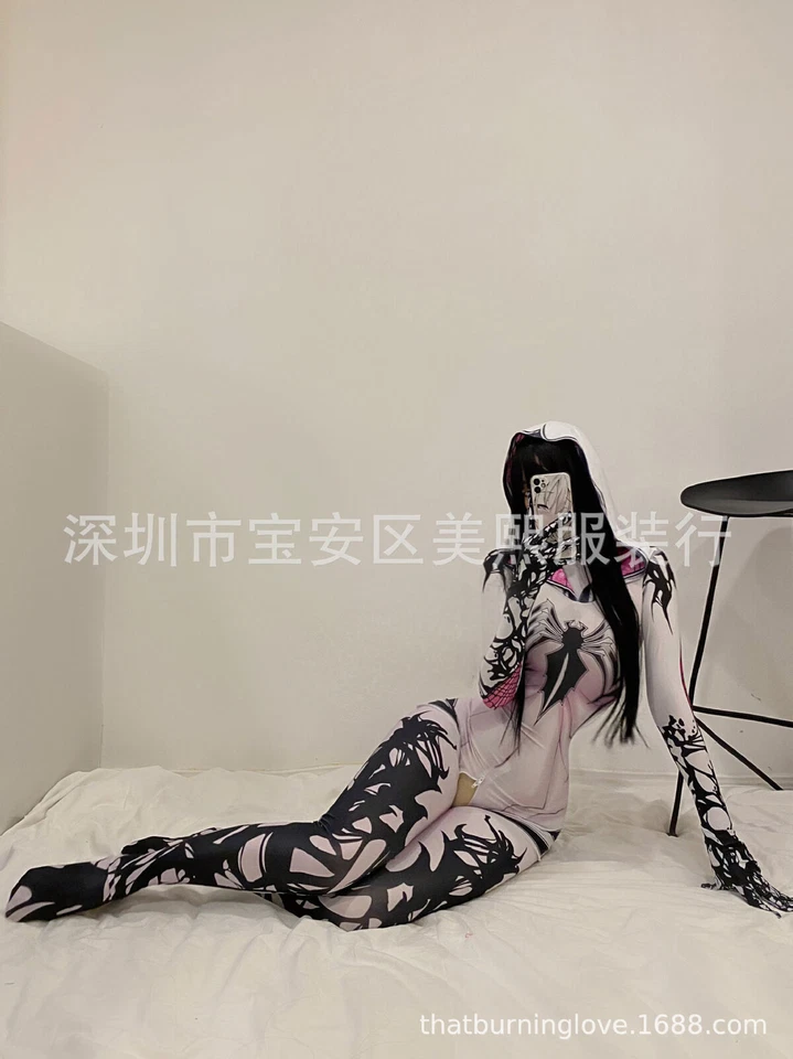 Spider-Gwen Stacy Jumpsuit Women Bodysuit Cosplay Costume Open Crotch Halloween - Image 4 of 4