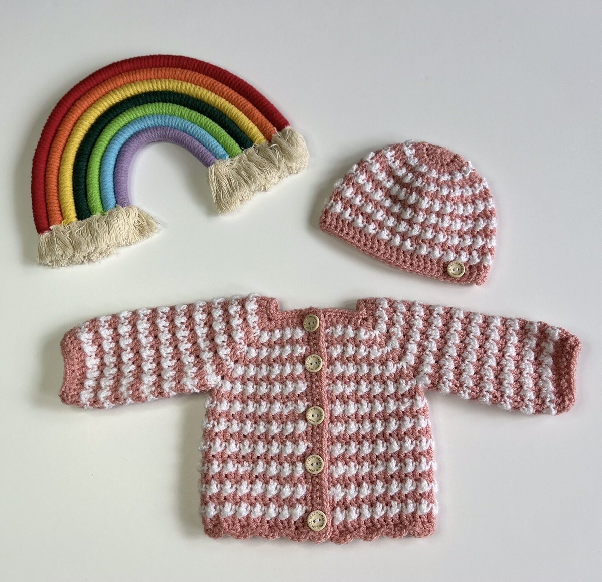handmade crochet baby bobble cardigan hat set preemie UK