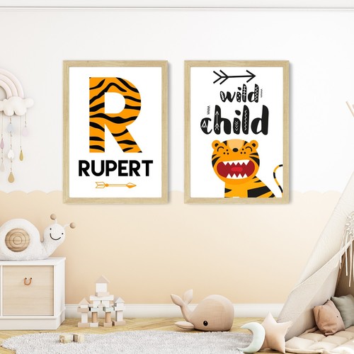 Wild Child Tiger Set of 2 Personalised Wall Art Prints Poster Nursery Kids 607 - Picture 3 of 4