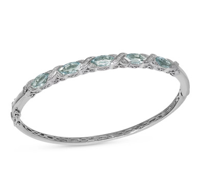 MACY'S 925 SILVER AQUAMARINE 3 3/4 CT CRYSTAL DIAMOND ACCENT BANGLE BRACELET NEW