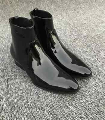 Handmade Black Real Patent Leather Ankle Side Zipper Dress Office Boots For Men