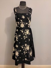 Embroidered Linen Dress Fit Flare Tea Party Floral Sz 6 Black White Peck & Peck
