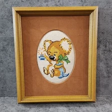 Vtg custom framed cross-stitch needlepoint koala nursery baby gift retro kidcore