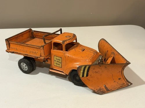 1957 Tonka Orange State Hi-Way Dept Dump Truck with Rare V-Plow & Blade #975