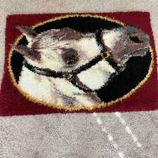 Vintage Latch Hooked Rug Tapestry Wall Hanging White Horse With Bridle 39x27
