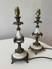 Vintage Brass Table Lamps Pair, with Ram’s Head Base, Faux Marble Lighting