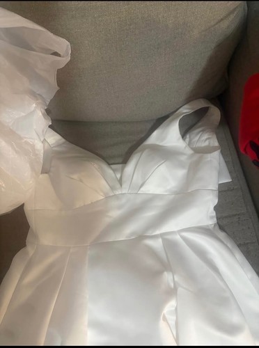 DB Studio short satin wedding dress (Size 4) + veil