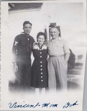 WW2 Photo of Navy Sailor Standing with Parents Outside House Entryway