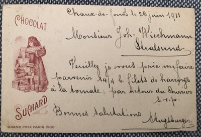 Chocolat Suchard Ganzsache Postkarte Schweiz nach Stralsund 23. Juni 1911