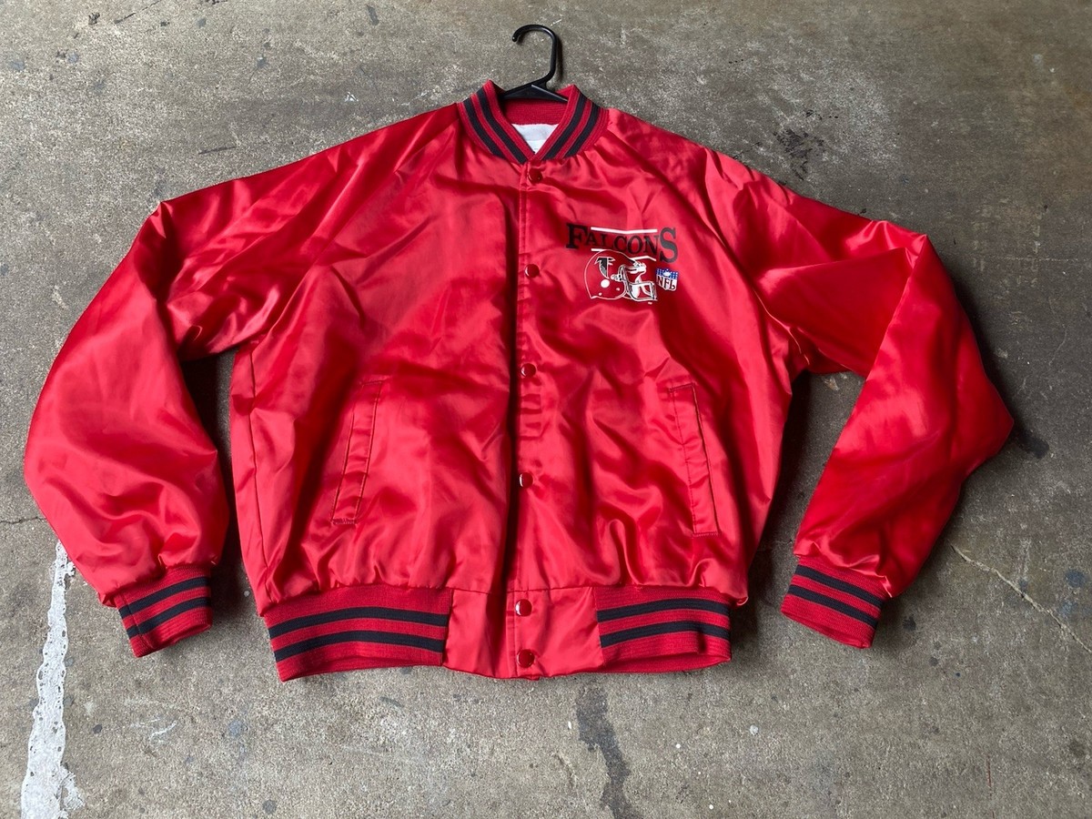 VINTAGE 90s Atlanta Falcons Chalk Line NWOT Jacket Mens L Red Satin Bomber  Snap