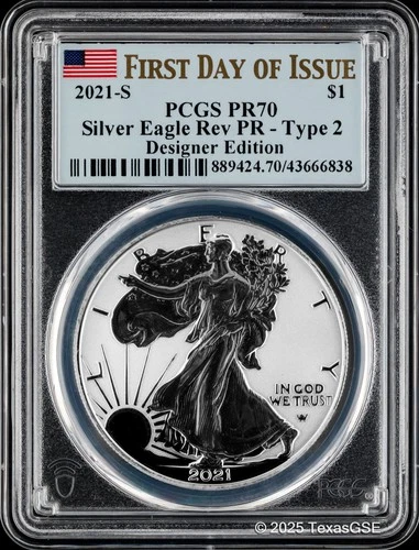 2021-S $1 American Silver Eagle Reverse Proof Type 2 PCGS PR70 FD - Blue Flag