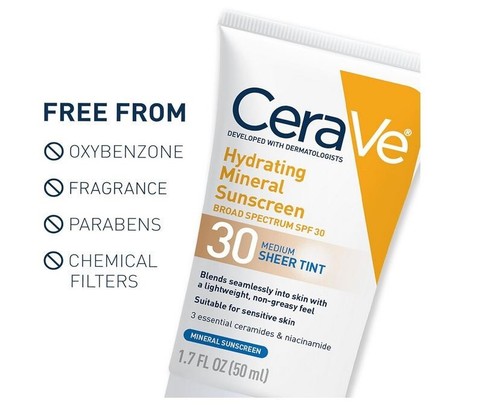 CeraVe Hydrating Mineral Sunscreen SPF 30 with Sheer Tint, Tinted Mineral Sunscr - Picture 6 of 9
