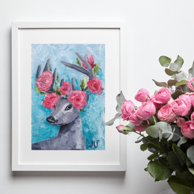 Hand-Painted Deer Wall Art | Floral Antler Oil Painting | 10x14 in | Signed